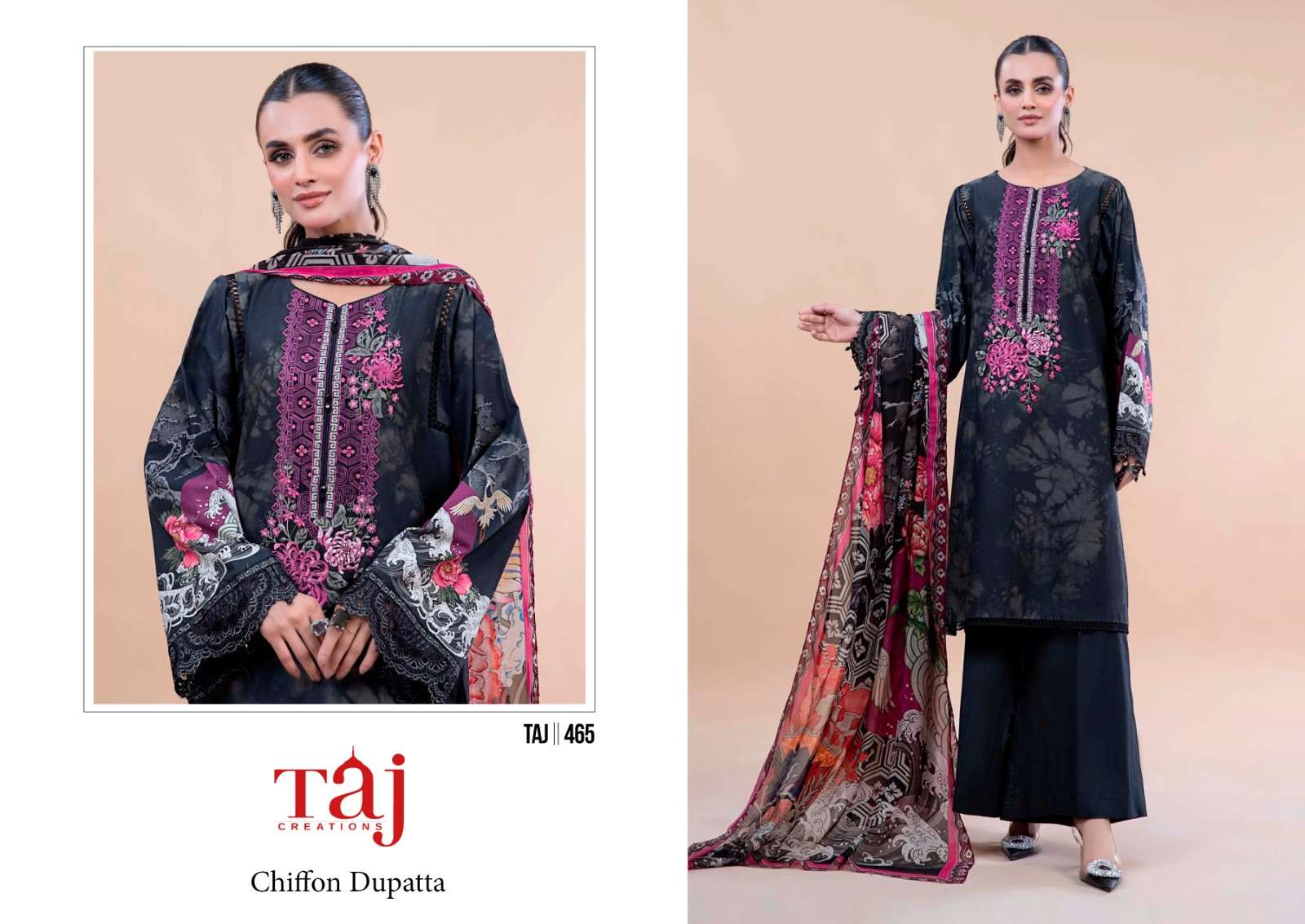 Taj 465 And 466 Chiffon Dupatta Pakistani Suits Wholesale catalog