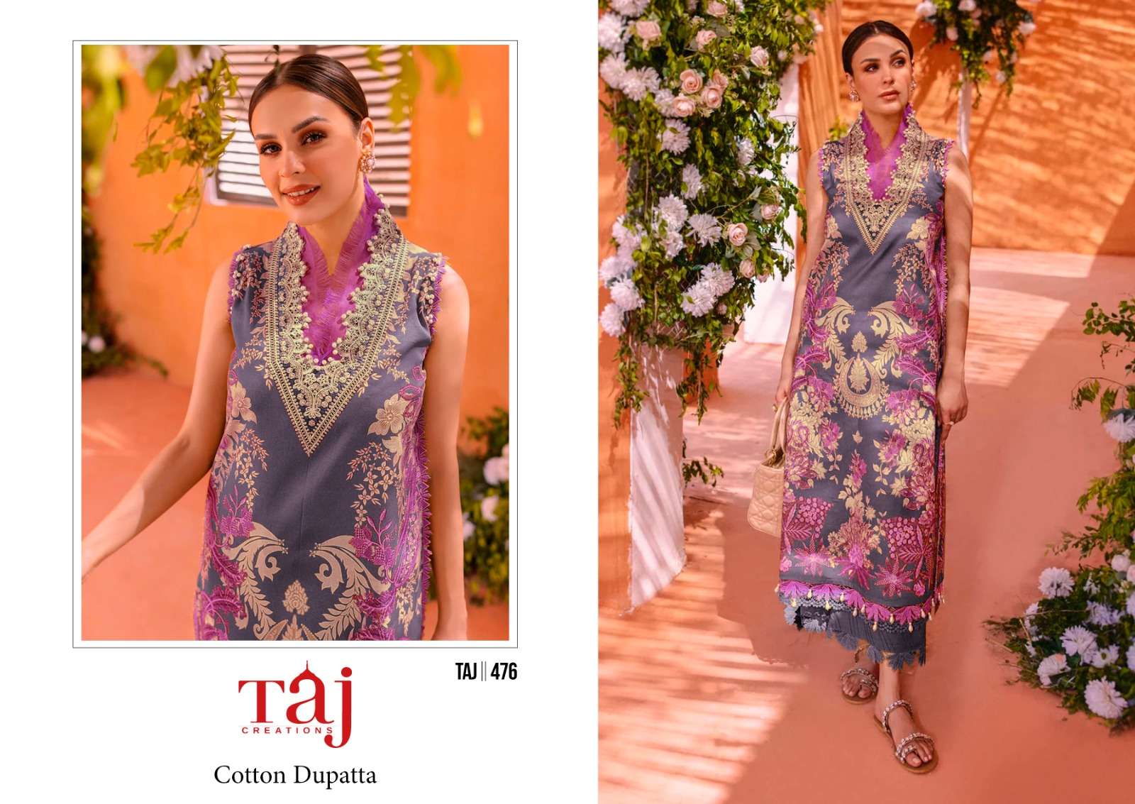 Taj 473 And 476 Cotton Dupatta Pakistani Suits Wholesale catalog