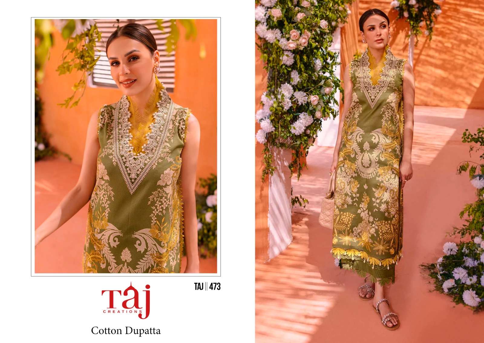 Taj 473 And 476 Cotton Dupatta Pakistani Suits Wholesale catalog