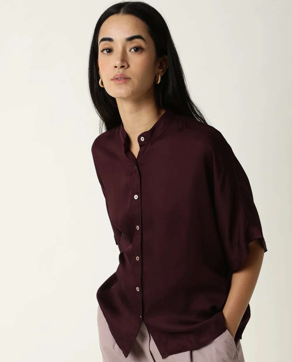 WOMENS PAIGE MAROON TOP MODAL SATIN FABRIC REGULAR FIT EXTENDED SLEEVES MANDARIN NECK Western Wear Wholesale catalog