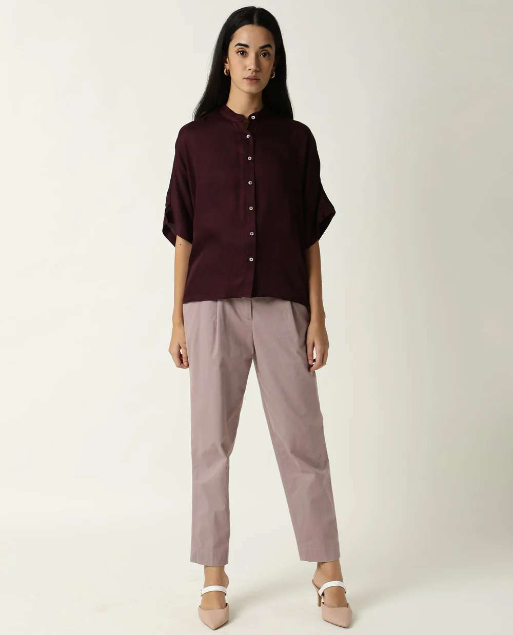 WOMENS PAIGE MAROON TOP MODAL SATIN FABRIC REGULAR FIT EXTENDED SLEEVES MANDARIN NECK Western Wear Wholesale catalog