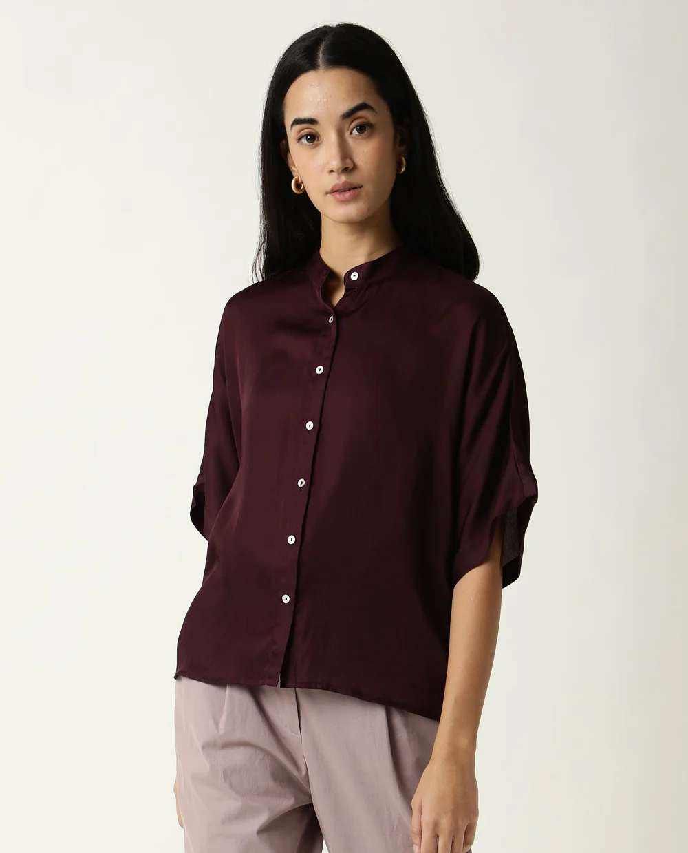 WOMENS PAIGE MAROON TOP MODAL SATIN FABRIC REGULAR FIT EXTENDED SLEEVES MANDARIN NECK Western Wear Wholesale catalog