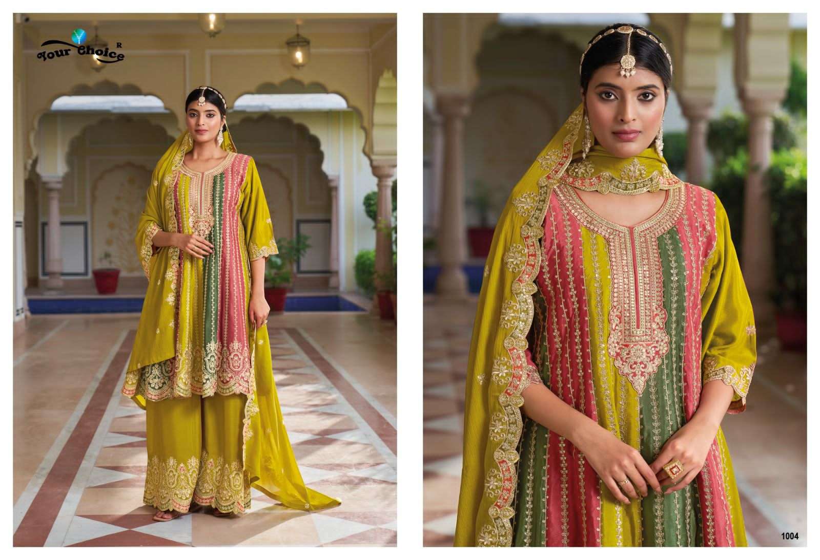Your Choice Gold Heavy Chinnon Designer Salwar Suits Wholesale catalog