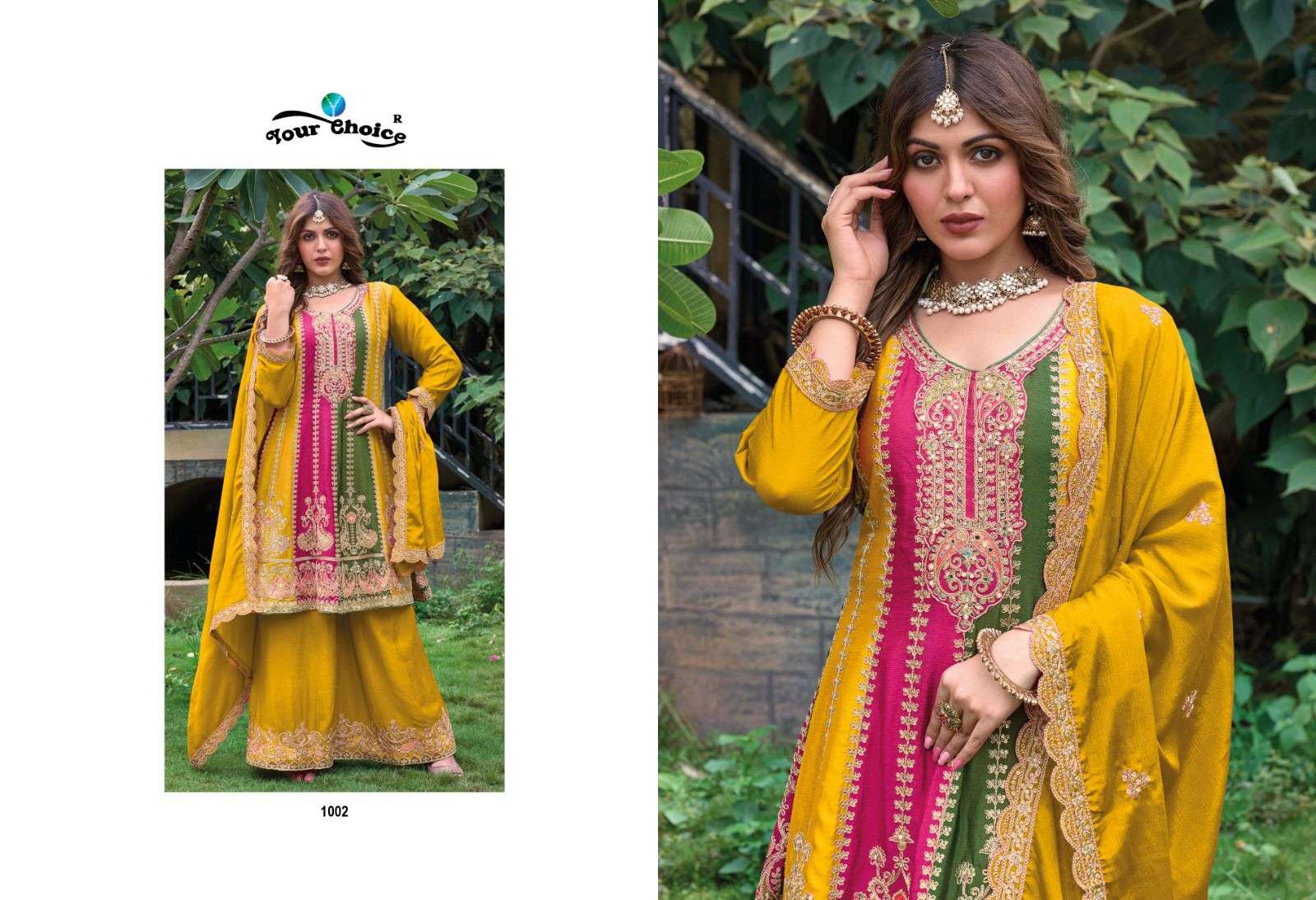 Your Choice Gold Heavy Chinnon Designer Salwar Suits Wholesale catalog