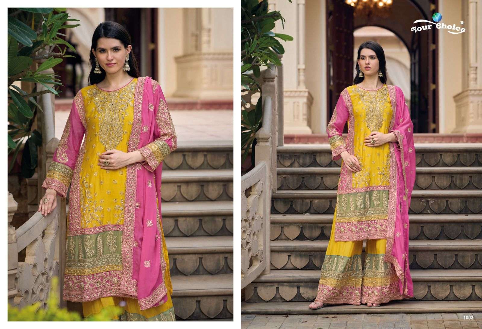 Your Choice Gold Heavy Chinnon Designer Salwar Suits Wholesale catalog