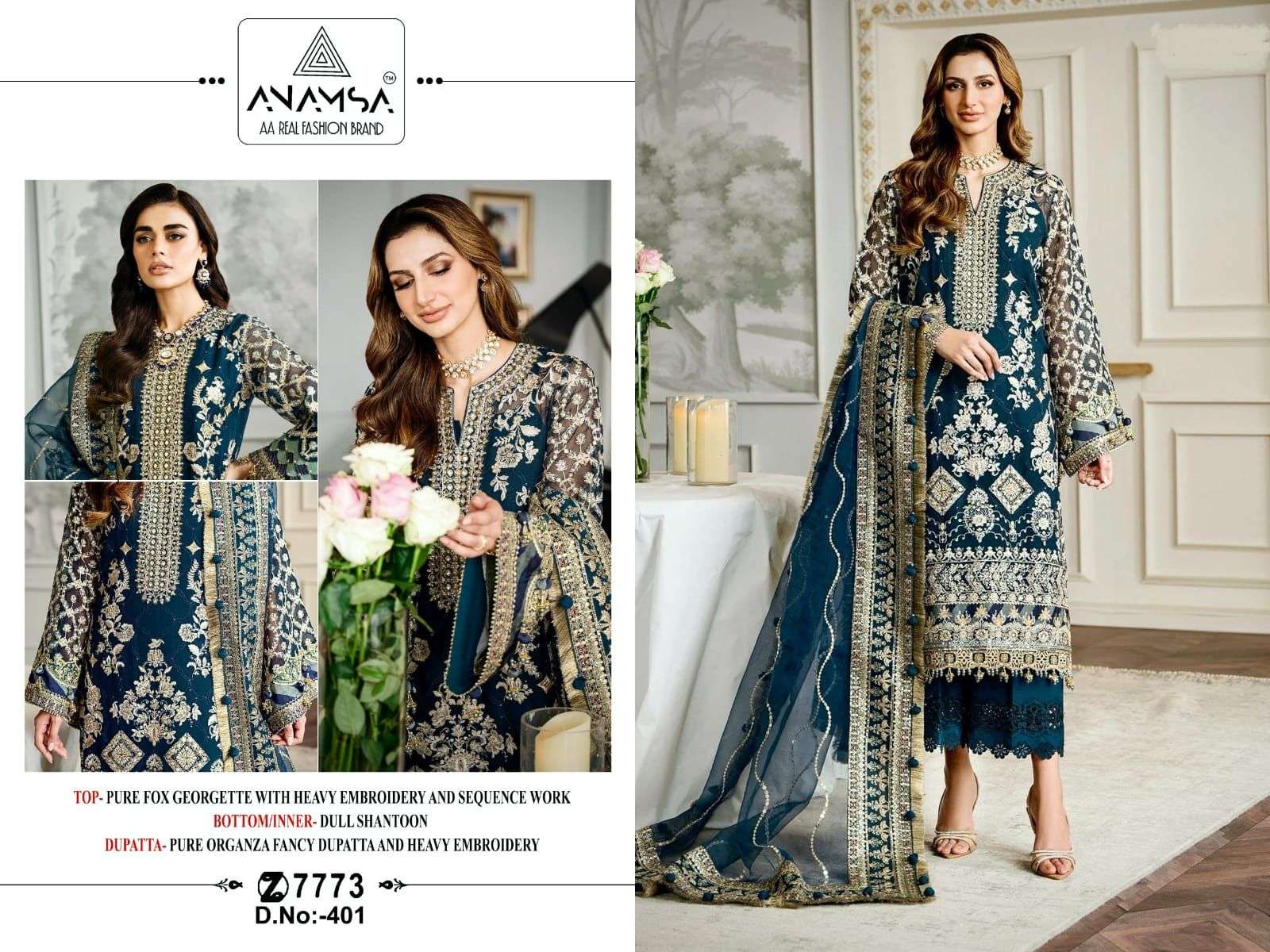 Anamsa 401 Embroidery Pakistani Suits Wholesale catalog
