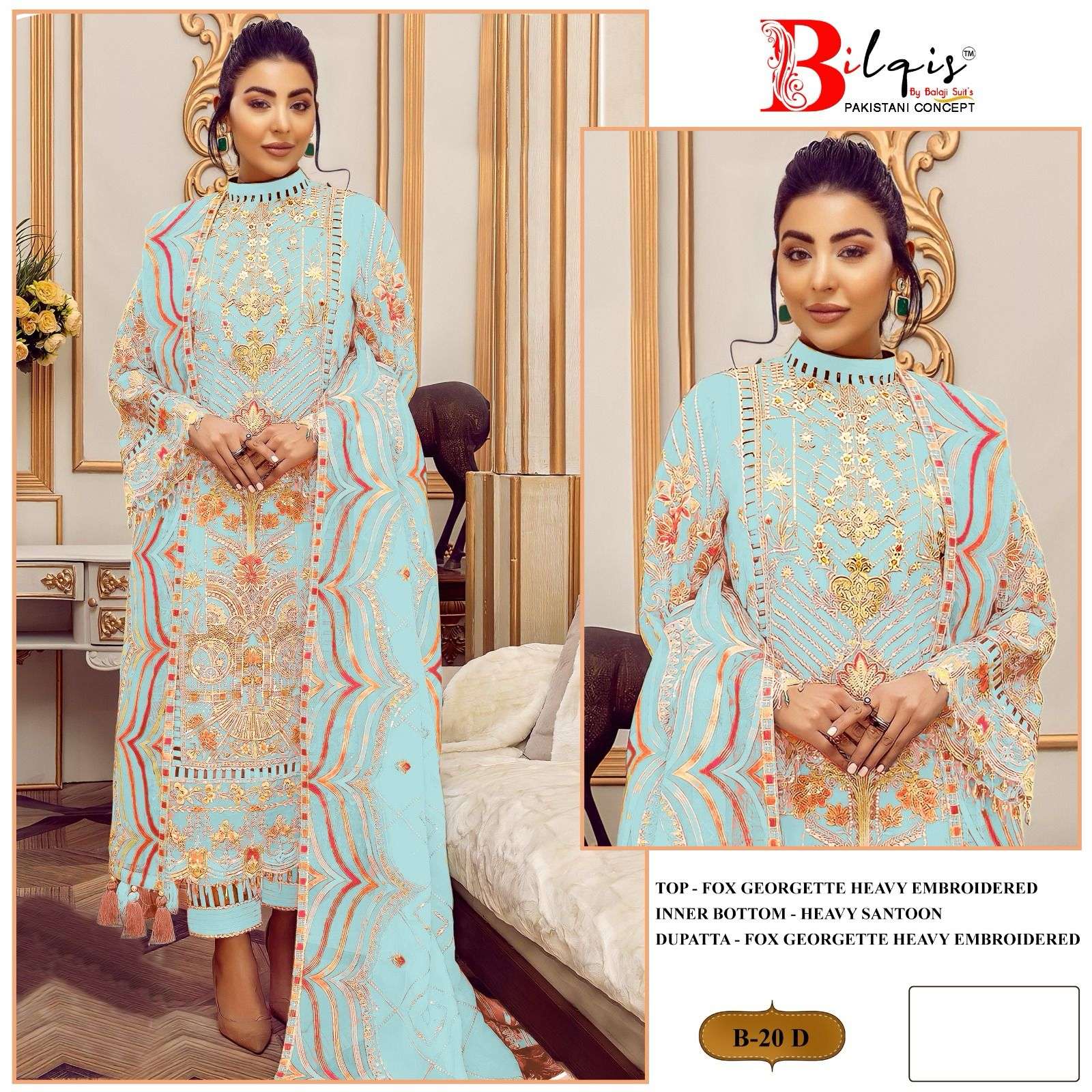 Bilqis B 20 A TO D Georgette Pakistani Suit Wholesale catalog