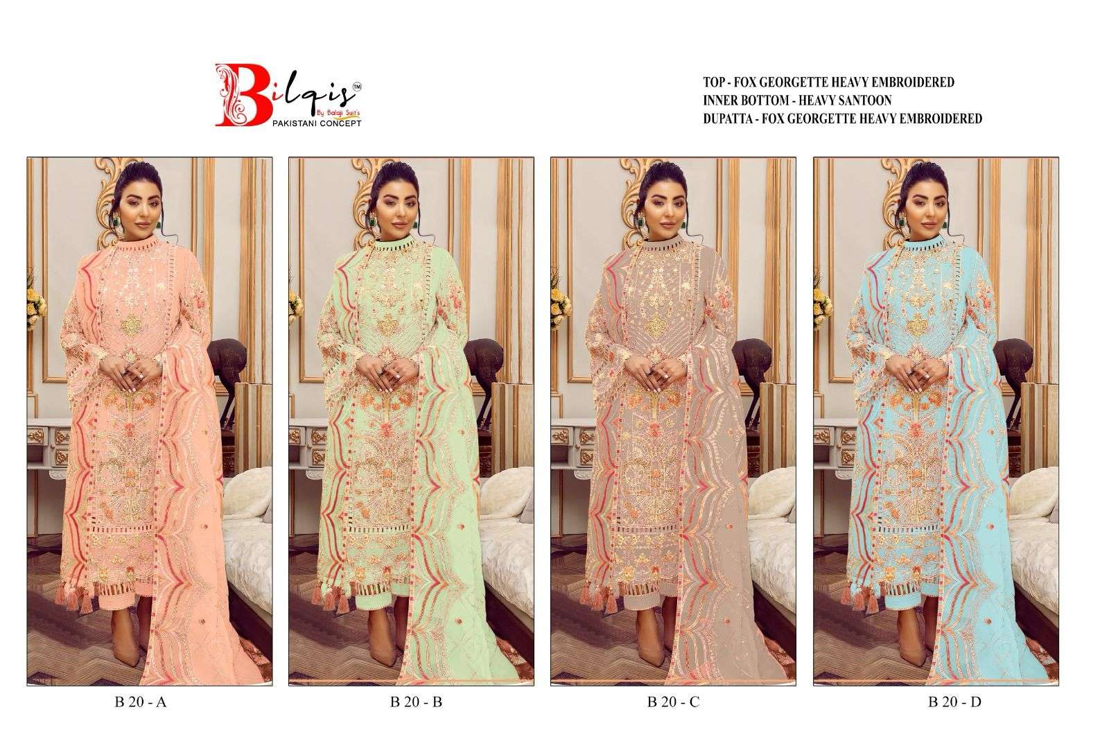 Bilqis B 20 A TO D Georgette Pakistani Suit Wholesale catalog