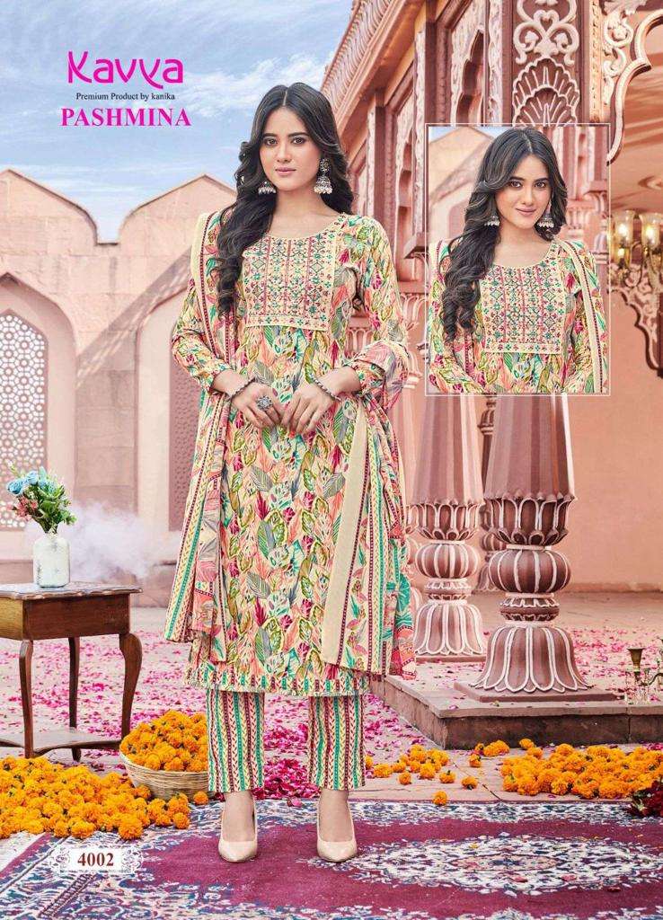 Kavya Pashmina Vol-4 -Kurti Pant With Dupatta -Wholesale Catalog