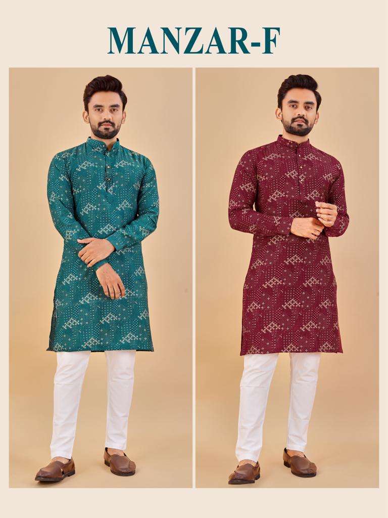 MANZAR Premium Soft Cotton Foil Print Mens Kurta Wholesale catalog