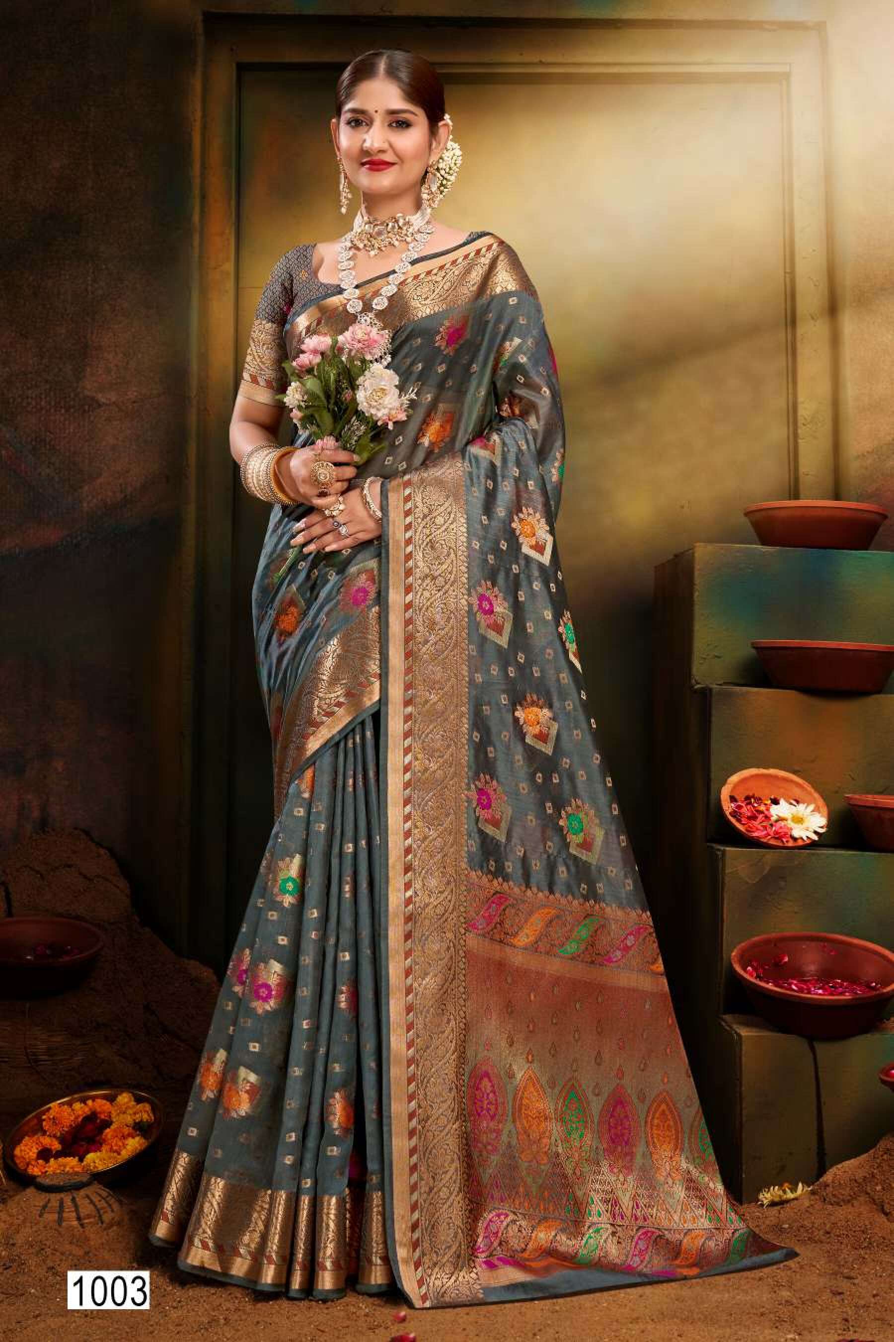 Saroj Mangalkamna vol.3 Soft organza with weaving and rich pallu Saree Wholesale catalog    