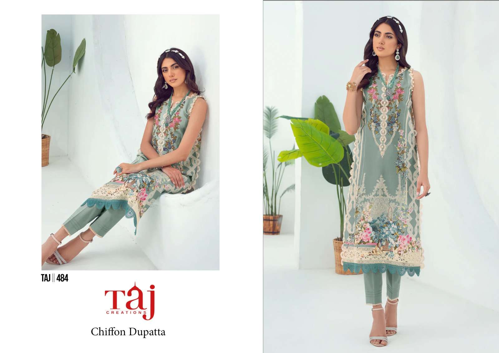 Taj 484 And 486 Chiffon Dupatta Pakistani  Suits Wholesale catalog