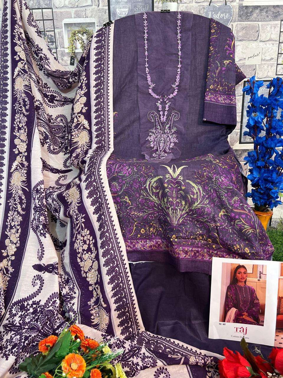 Taj 485 And 487 Chiffon Dupatta Hit Pakistani Suits Wholesale catalog