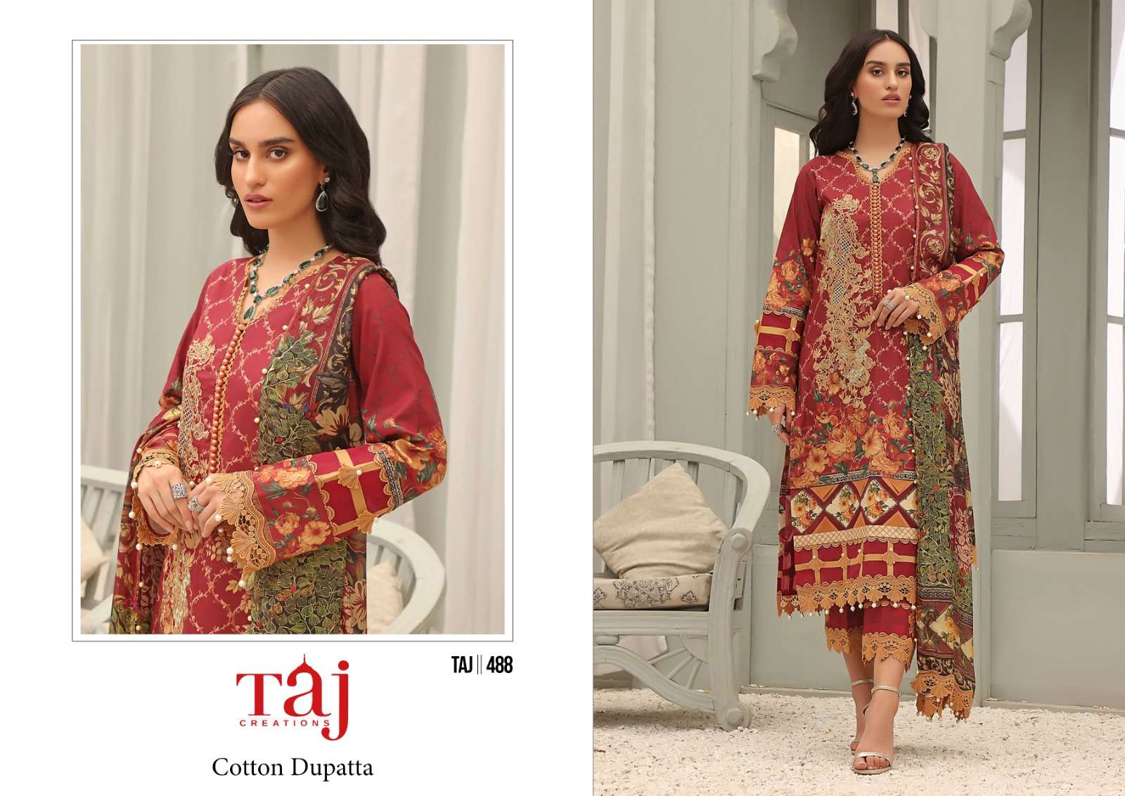 Taj 488 And 489 Chiffon Dupatta Hits Design Pakistani Suits Wholesale catalog