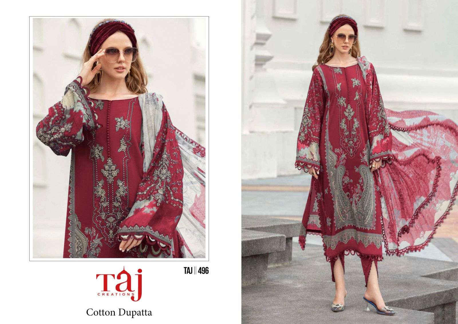 Taj 495 And 496 Cotton Dupatta Hits Pakistani Suits Wholesale catalog