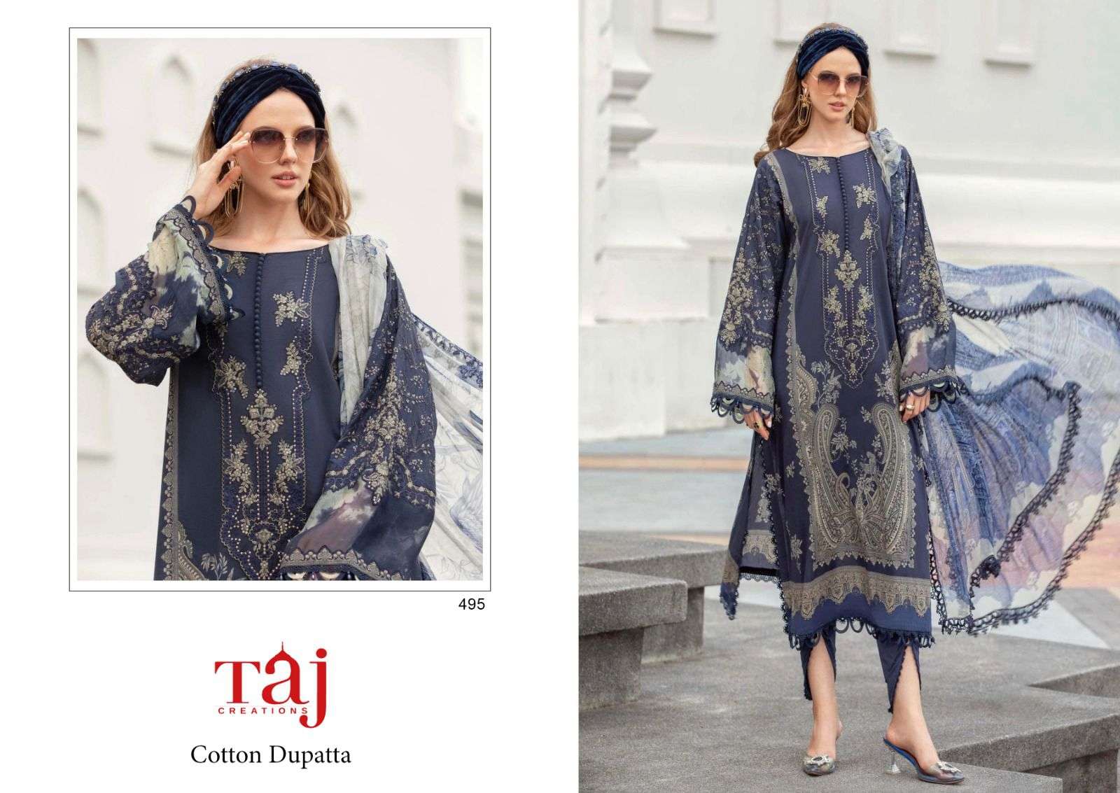Taj 495 And 496 Cotton Dupatta Hits Pakistani Suits Wholesale catalog