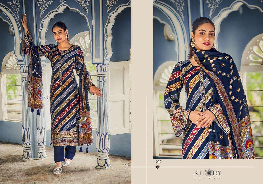 Kilory Humsafar Viscose Muslin Digital Foil Printed Dress Material Wholesale catalog