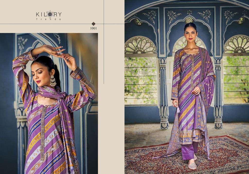 Kilory Humsafar Viscose Muslin Digital Foil Printed Dress Material Wholesale catalog