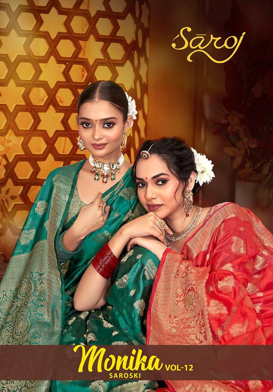 Saroj  Monika Vol - 12 Soft organza silk with haevy swarovski Saree Wholesale catalog    