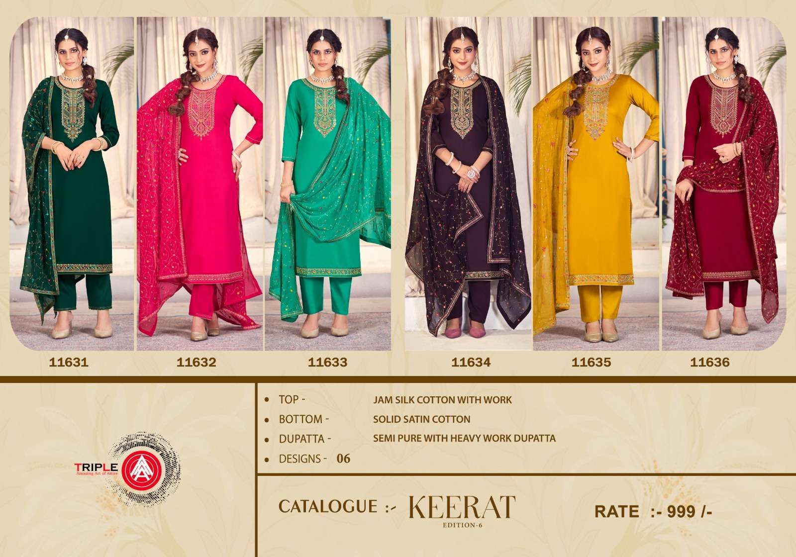 Triple Aaa Keerat Edition 6 Jam Silk Designer Salwar Kameez Wholesale catalog