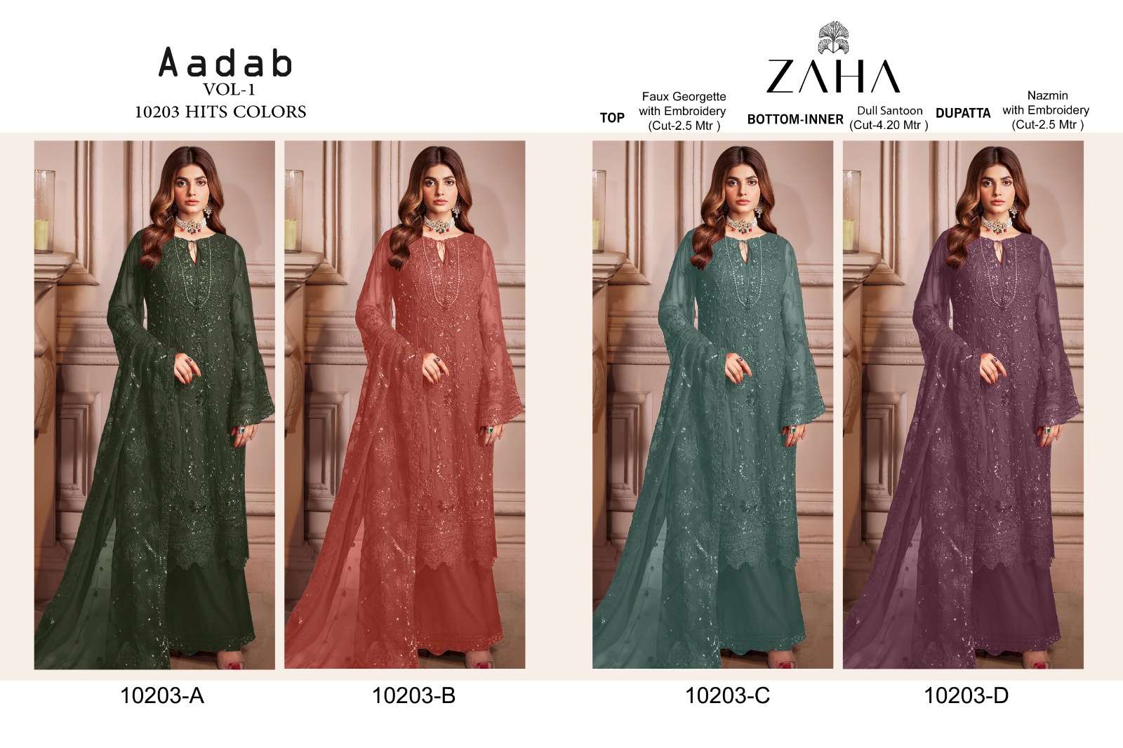 Zaha Aadab 10203 A To D Georgette Salwar Kameez Wholesale catalog