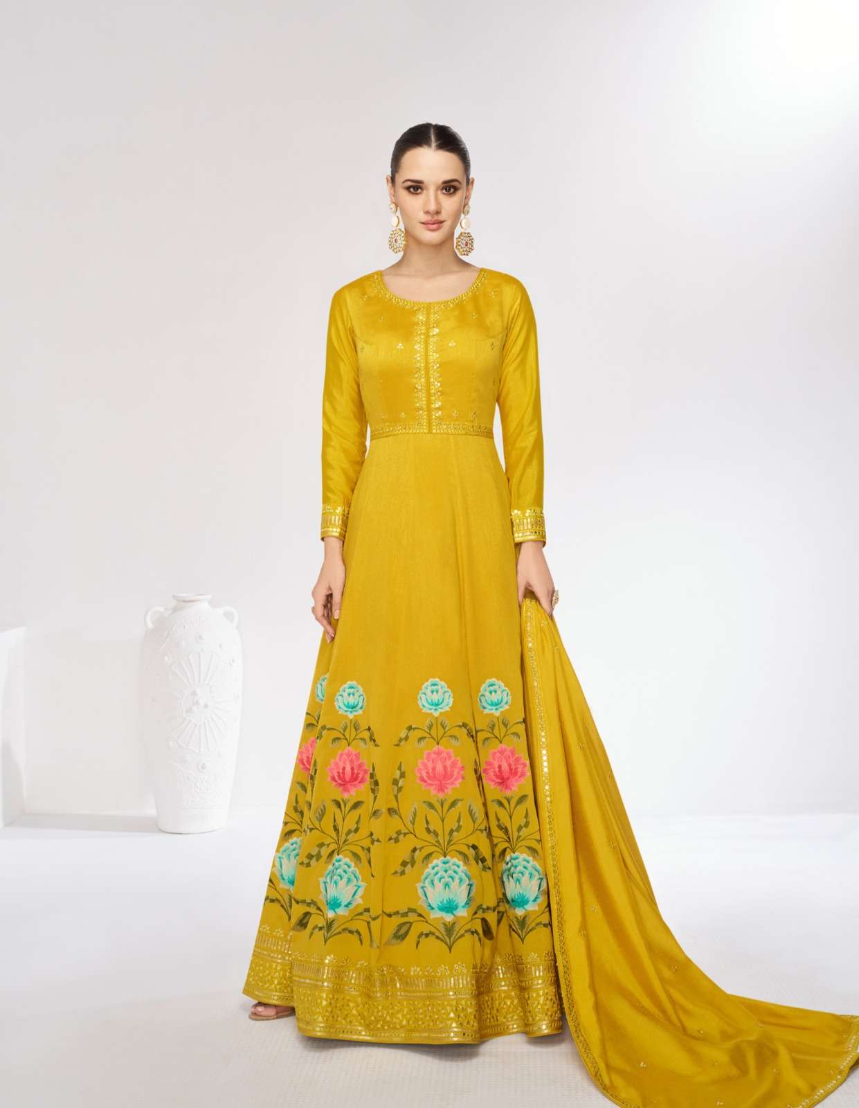 Aashirwad Mari Gold Premium Silk Gown With Dupatta Wholesale Catalog