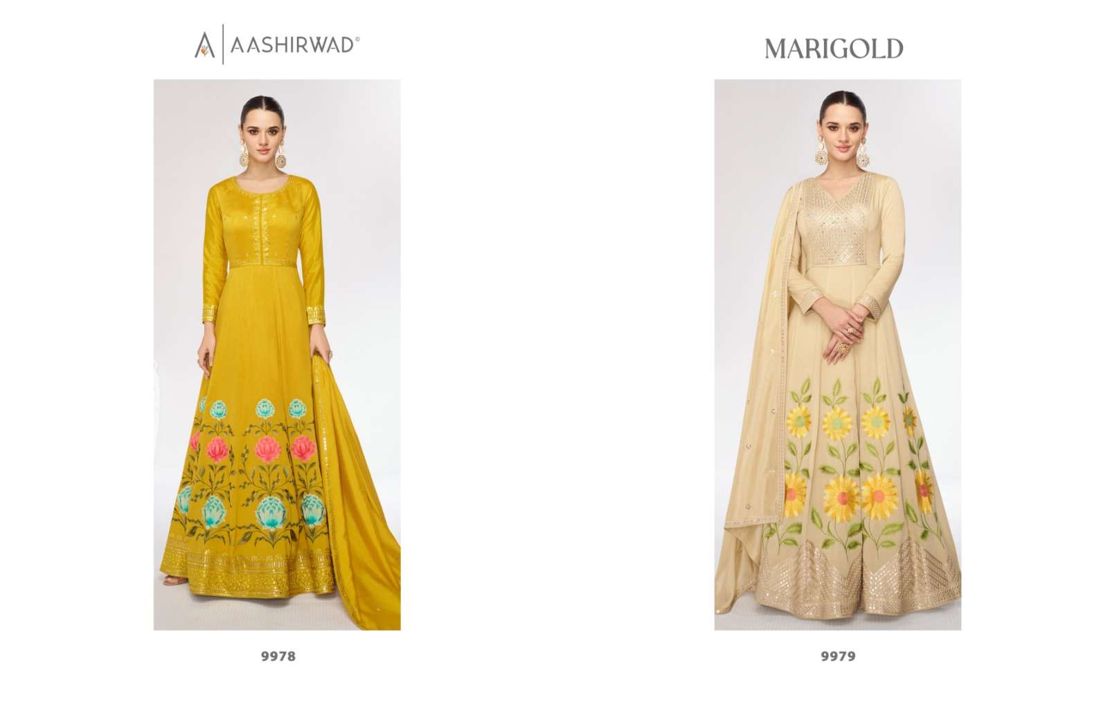 Aashirwad Mari Gold Premium Silk Gown With Dupatta Wholesale Catalog
