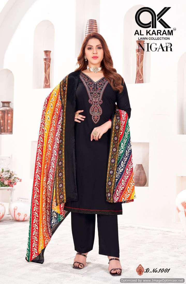 Al Karam Nigar Vol 1 Rayon Embroidery Dress Material Wholesale catalog