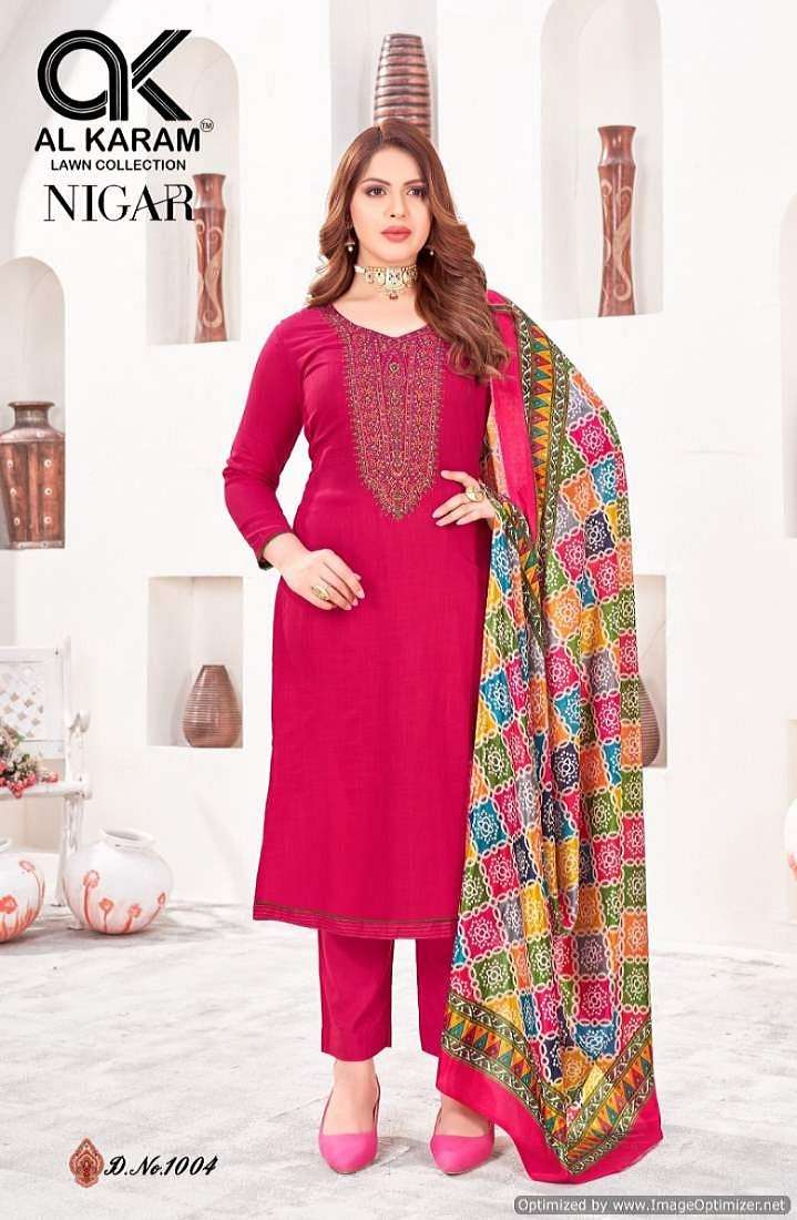 Al Karam Nigar Vol 1 Rayon Embroidery Dress Material Wholesale catalog