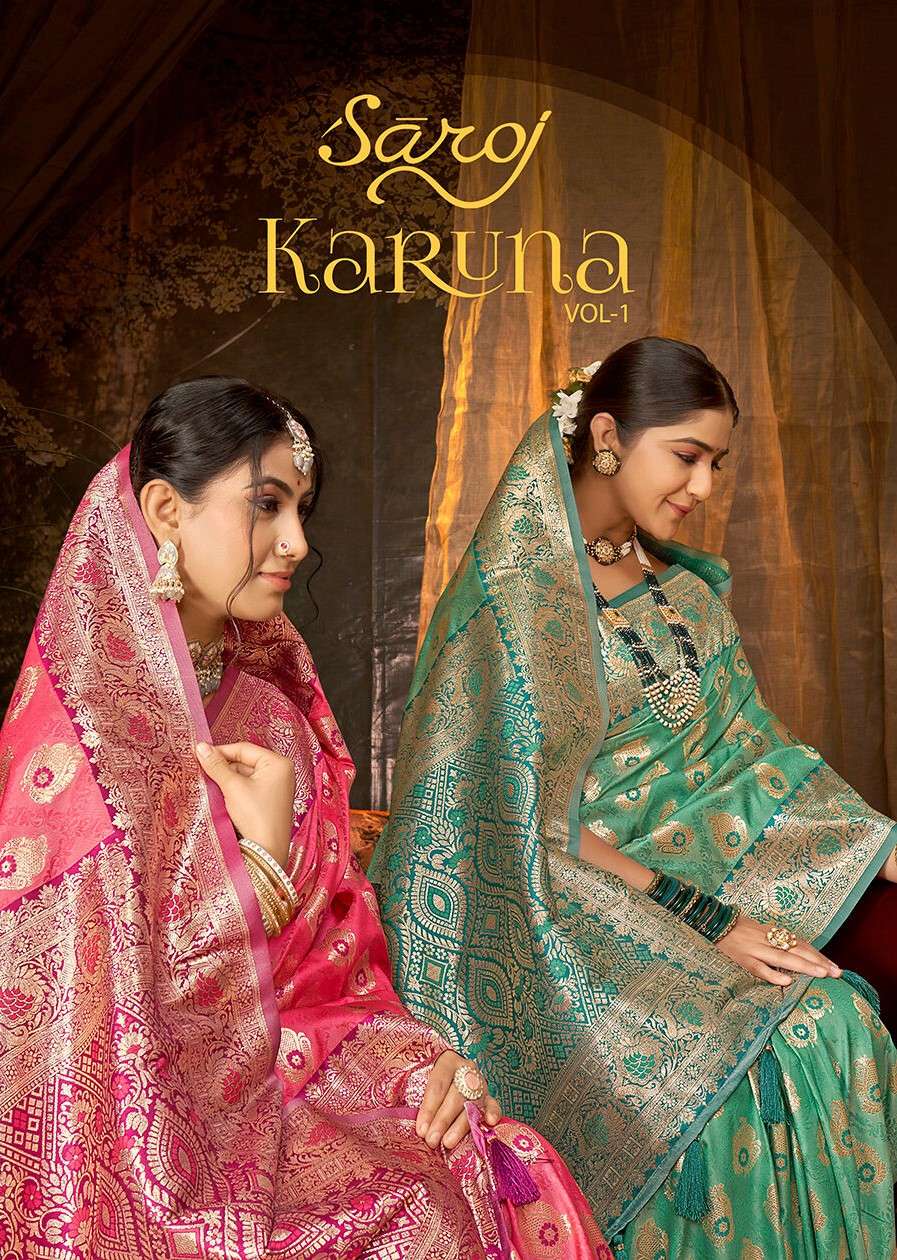 Saroj KARUNA Vol.1 50*600 Heavy silk fabric with jacquard contrast border pallu saree Wholesale catalog    