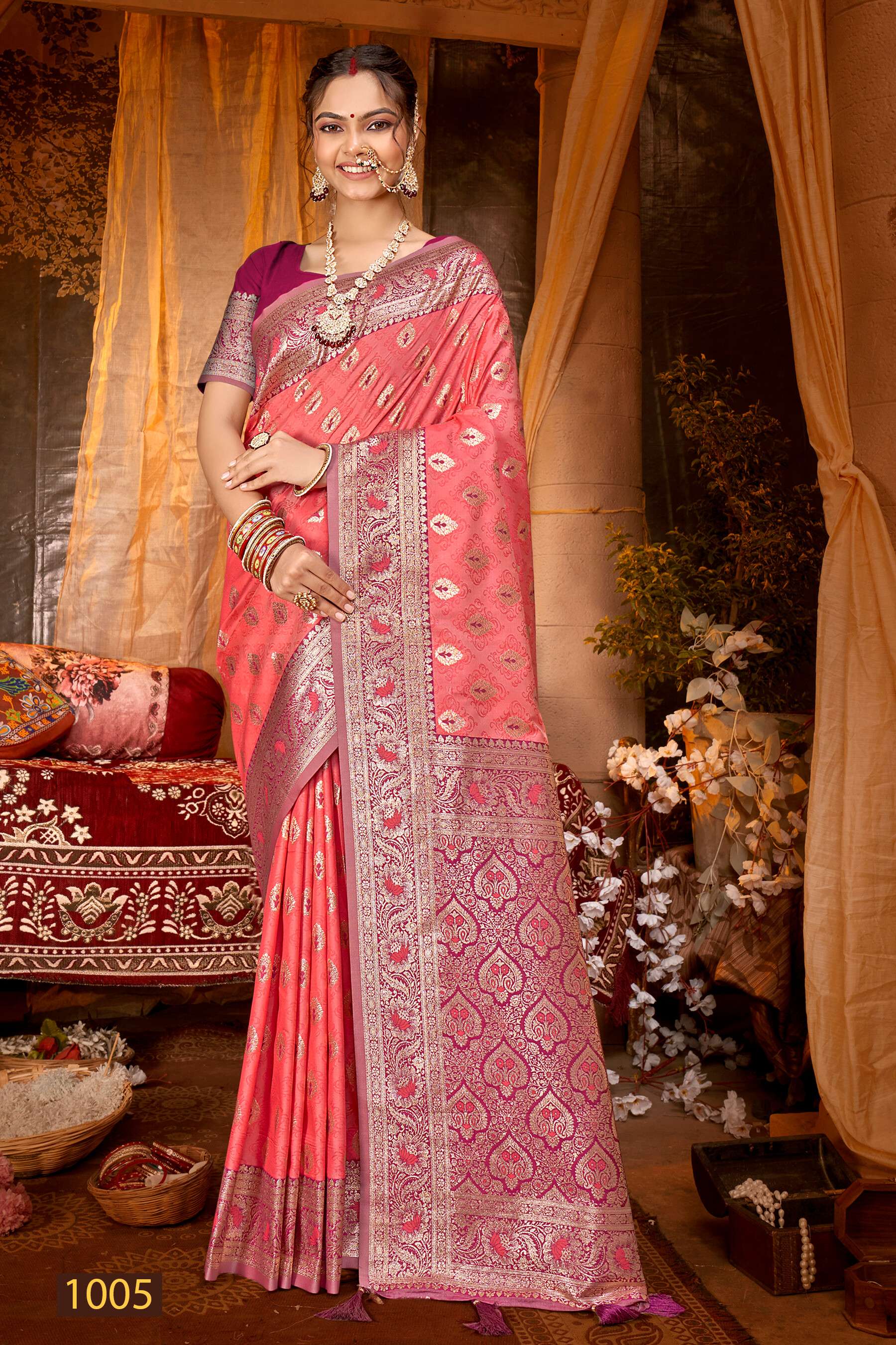 Saroj KARUNA Vol.2 50*600 Heavy silk fabric with jacquard contrast border pallu Saree Wholesale catalog    