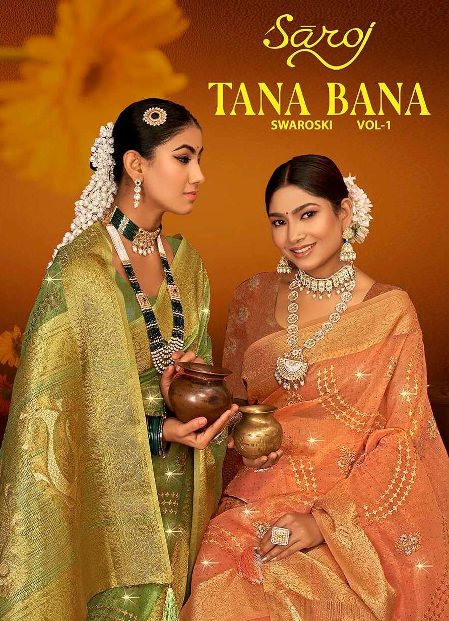 Saroj Tana Bana Vol.1 Khadi organza saree with sequence rich pallu heavvy work swarovski Wholesale catalog    