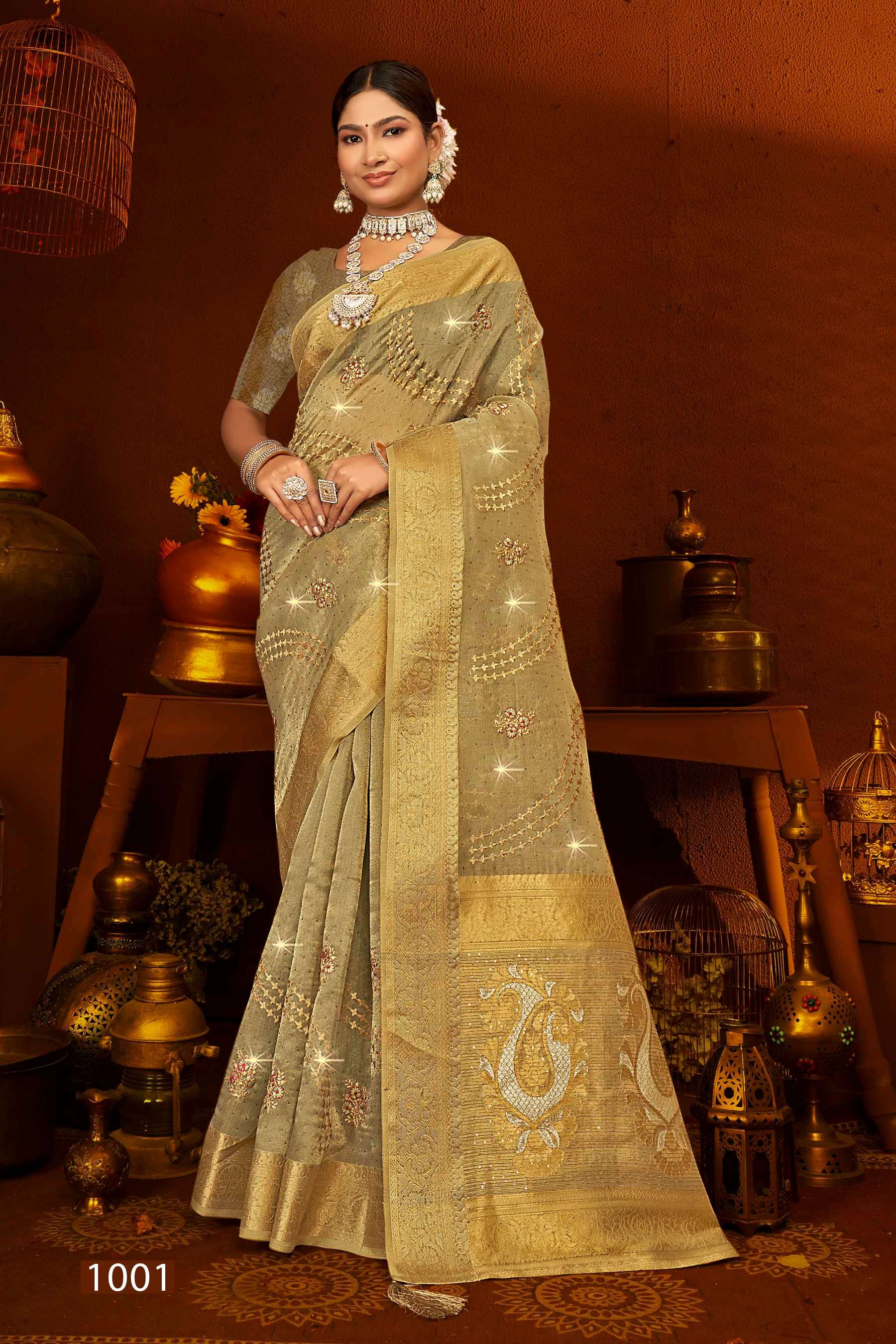 Saroj Tana Bana Vol.1 Khadi organza saree with sequence rich pallu heavvy work swarovski Wholesale catalog    