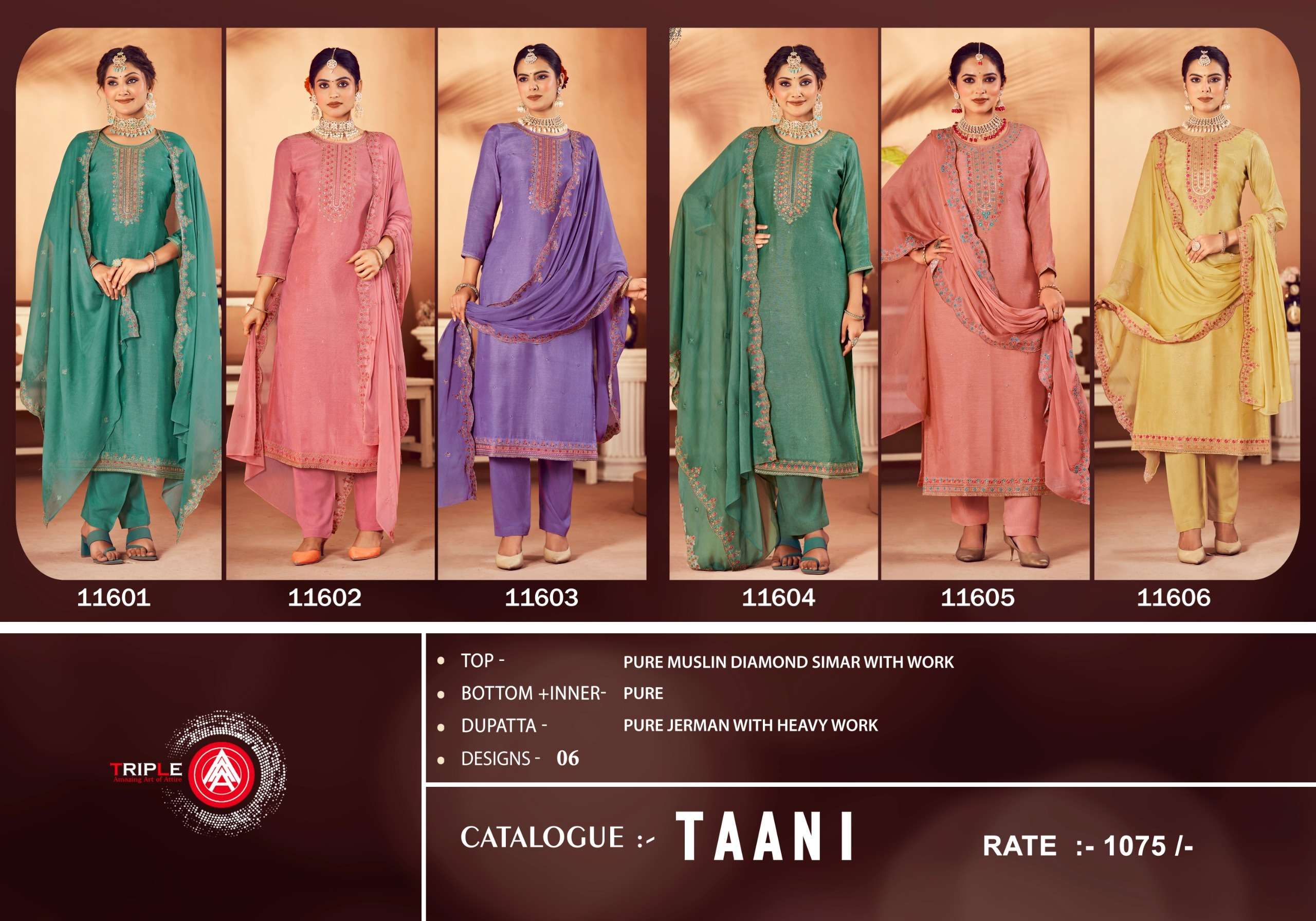 Triple Aaa Taani Muslin Designer Salwar Kameez Wholesale catalog