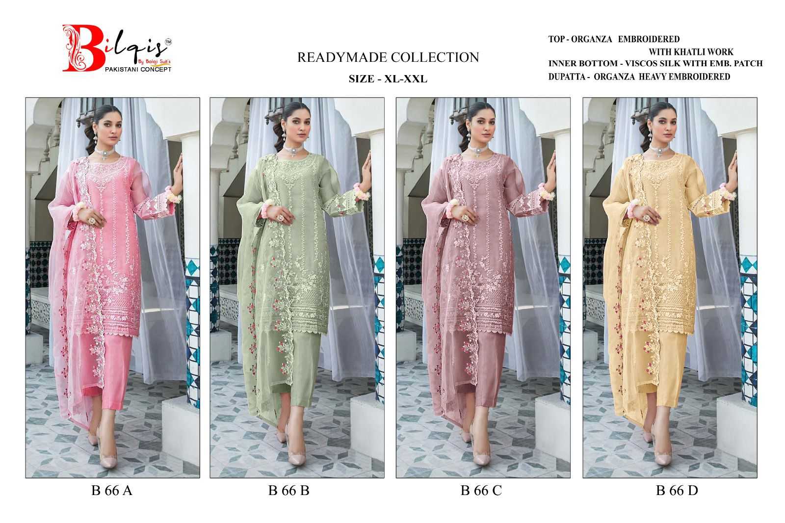 Bilqis B 66 A To D Organza Pakistani Suits Wholesale catalog