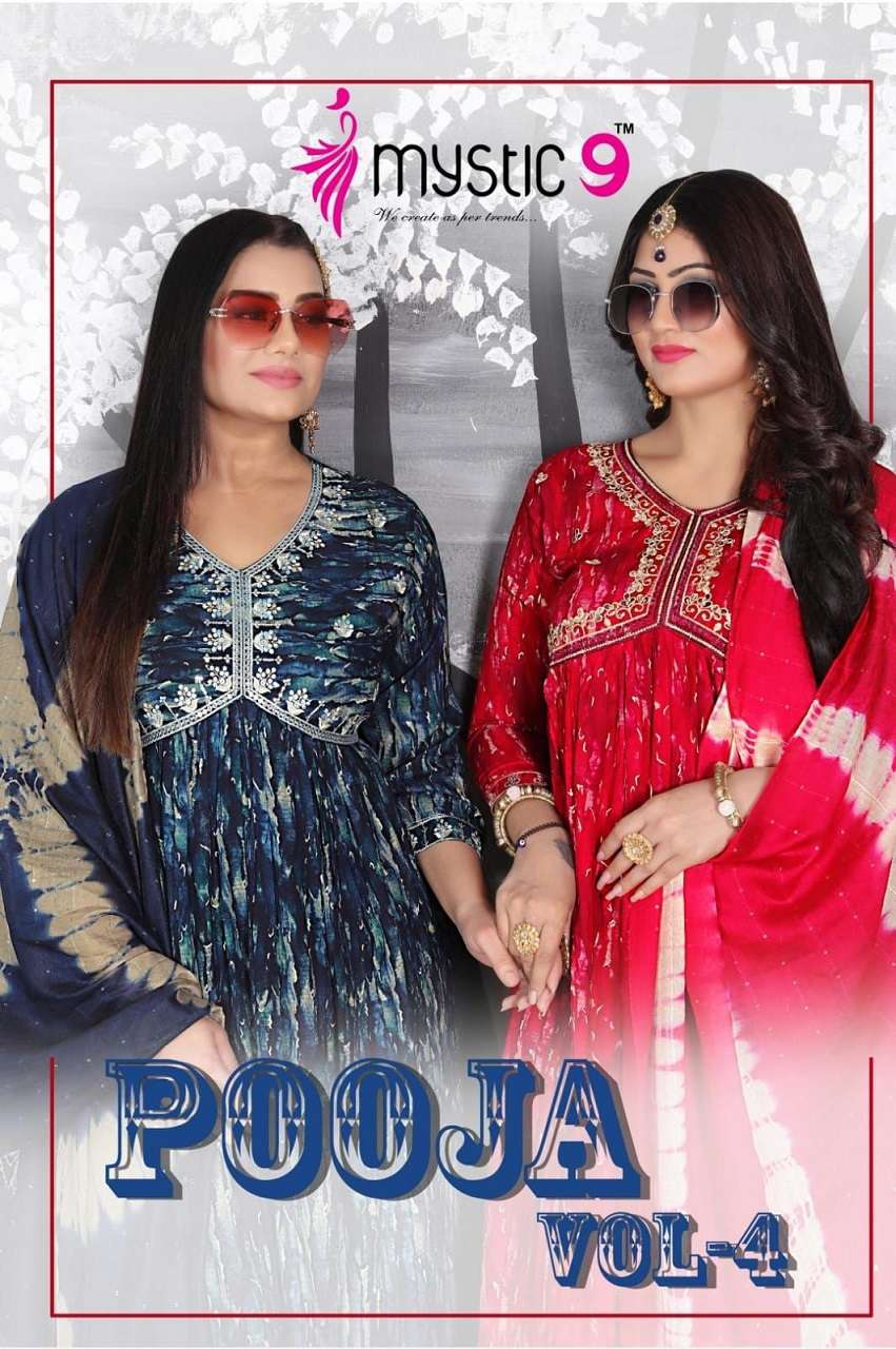 Mystic 9 Pooja Vol-4 – Aliya Cut Kurti With Pant And Dupatta - Wholesale Catalog