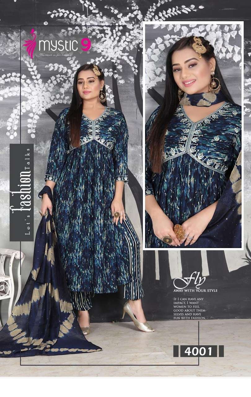 Mystic 9 Pooja Vol-4 – Aliya Cut Kurti With Pant And Dupatta - Wholesale Catalog