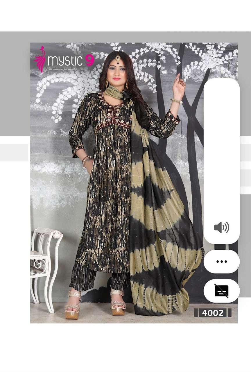 Mystic 9 Pooja Vol-4 – Aliya Cut Kurti With Pant And Dupatta - Wholesale Catalog