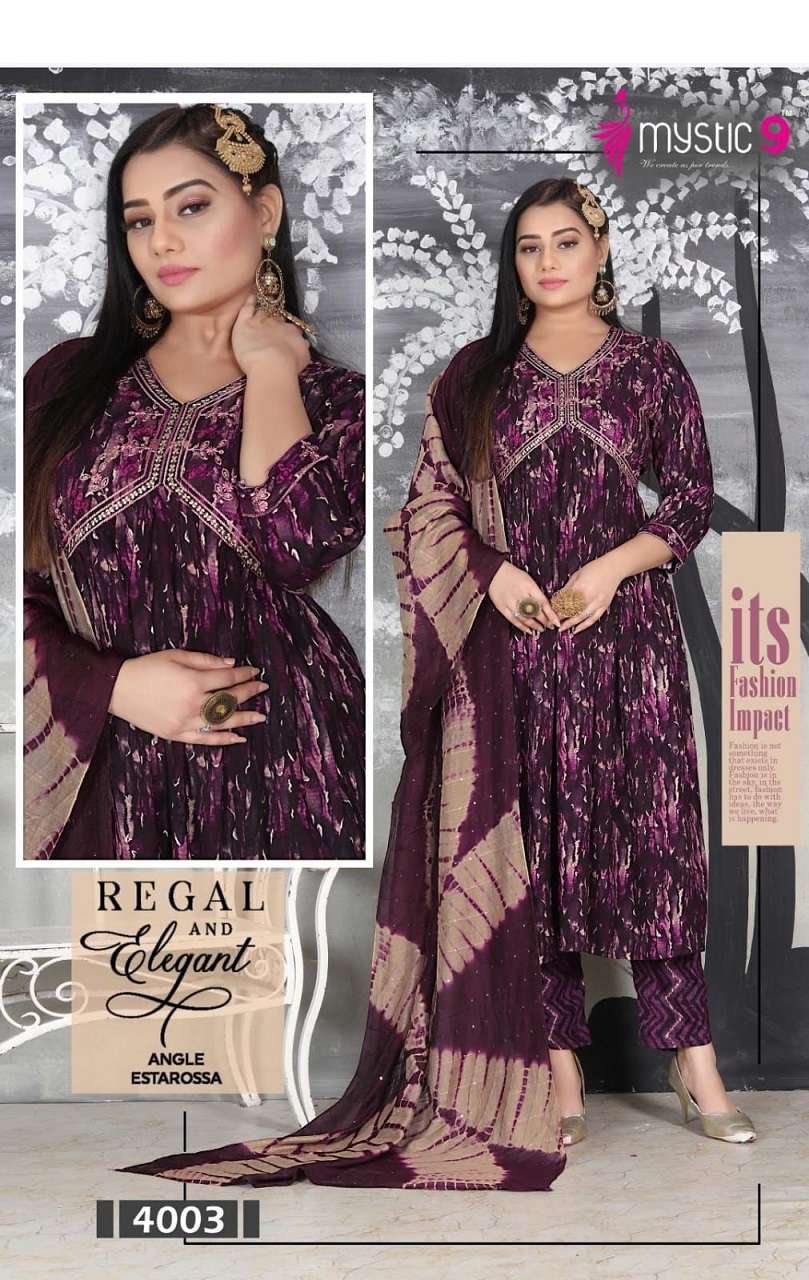 Mystic 9 Pooja Vol-4 – Aliya Cut Kurti With Pant And Dupatta - Wholesale Catalog