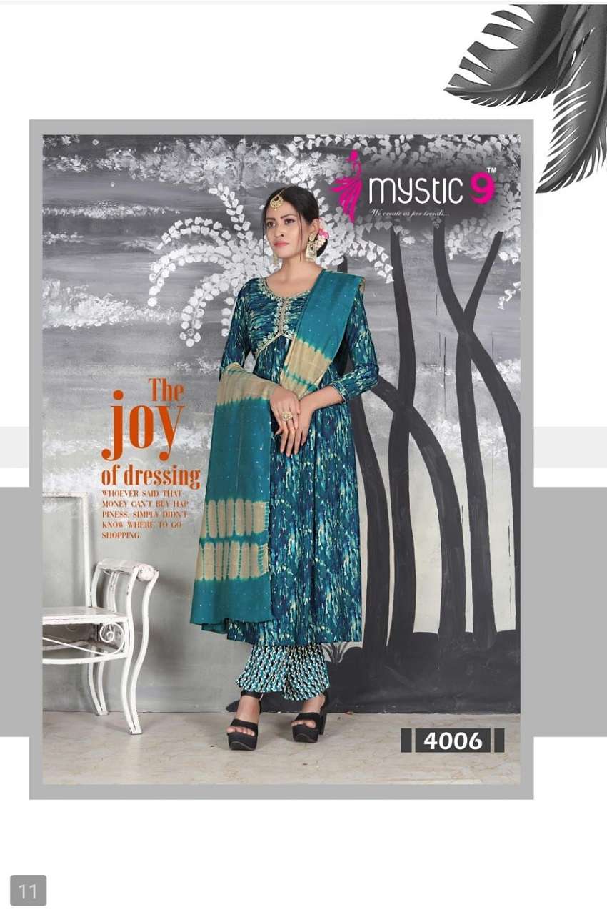 Mystic 9 Pooja Vol-4 – Aliya Cut Kurti With Pant And Dupatta - Wholesale Catalog