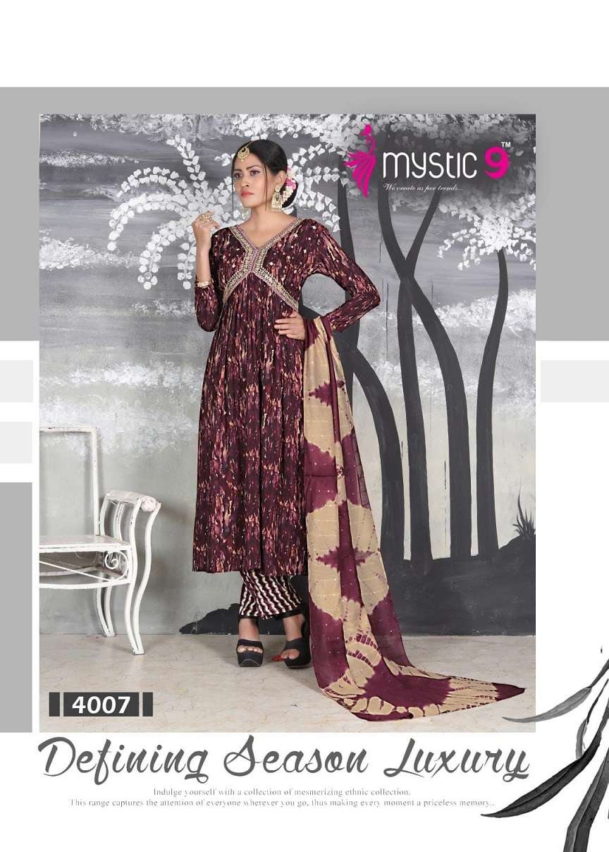 Mystic 9 Pooja Vol-4 – Aliya Cut Kurti With Pant And Dupatta - Wholesale Catalog