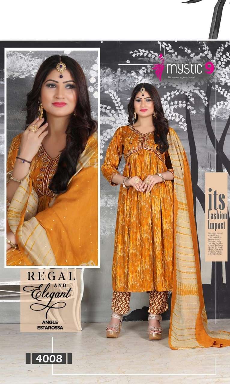 Mystic 9 Pooja Vol-4 – Aliya Cut Kurti With Pant And Dupatta - Wholesale Catalog