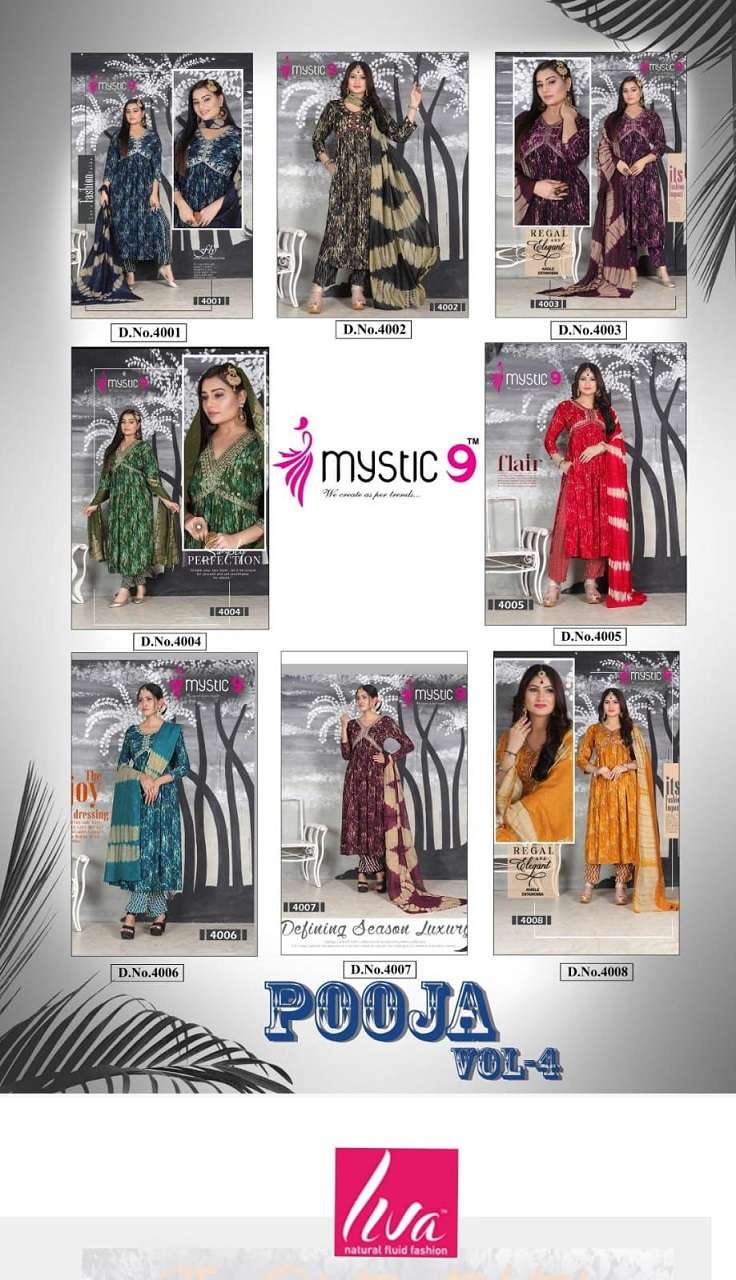 Mystic 9 Pooja Vol-4 – Aliya Cut Kurti With Pant And Dupatta - Wholesale Catalog