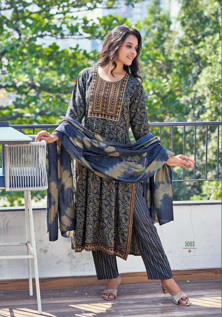 Mystic9 Sara Vol-5 – Nyra Cut Kurti Pant With Dupatta Wholesale Catalog