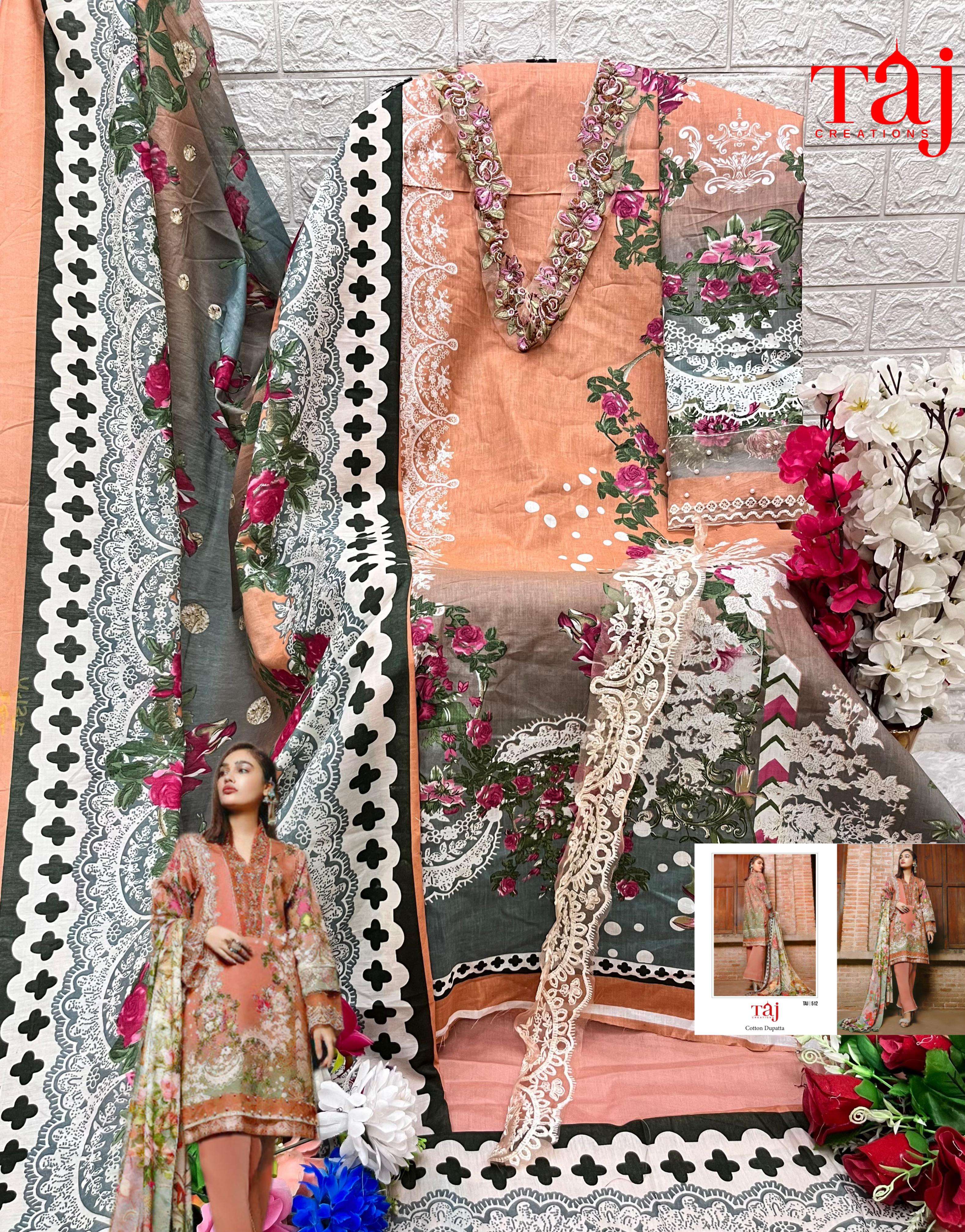 Taj 512 And 514 Chiffon Dupatta Salwar Suits Wholesale catalog