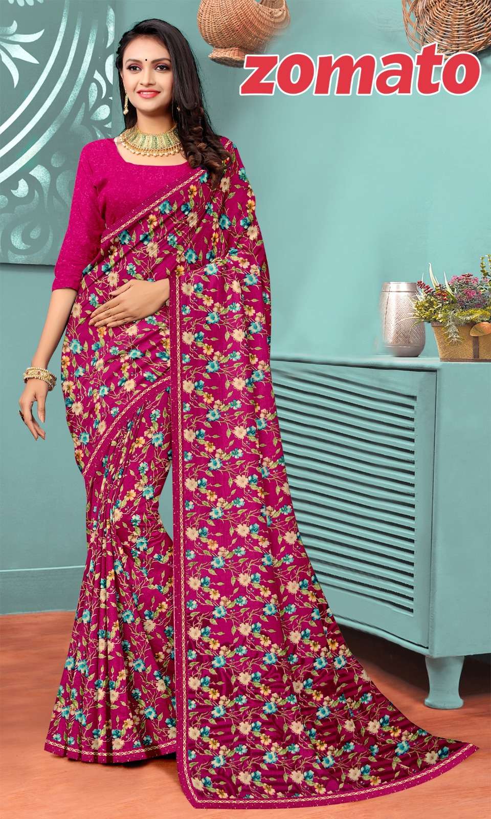 ZOMETO Renial fancy flower print Saree Wholesale catalog
