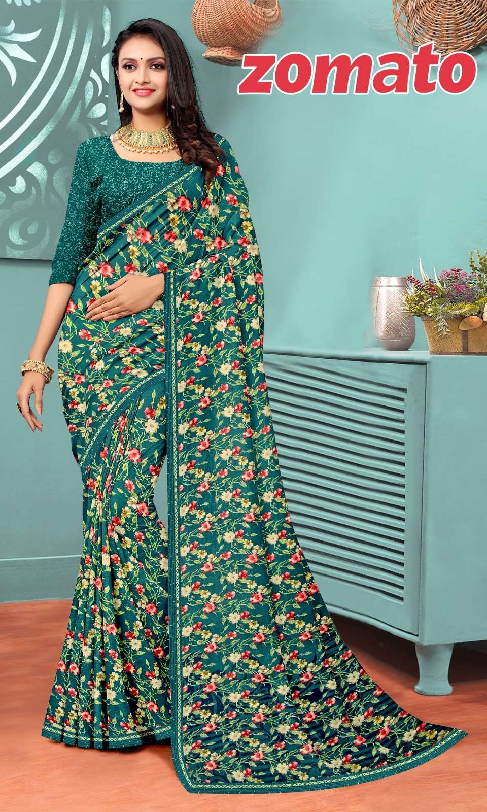 ZOMETO Renial fancy flower print Saree Wholesale catalog