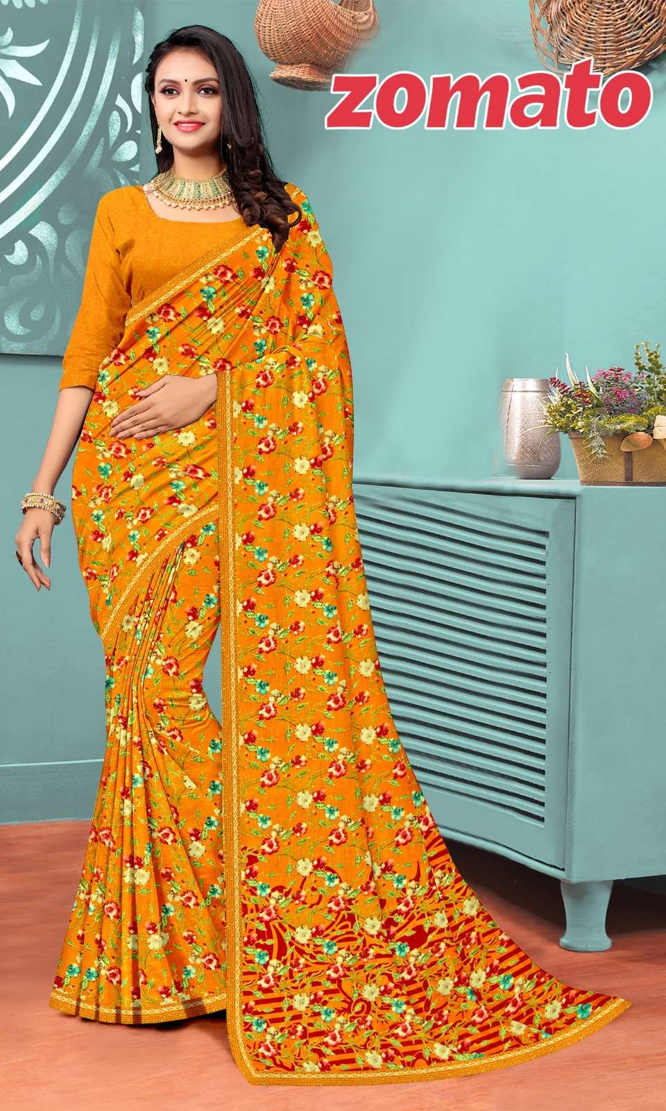 ZOMETO Renial fancy flower print Saree Wholesale catalog