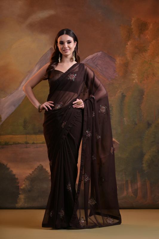 Trishul 1 Georgette Flower Embroidery Work Saree Wholesale catalog