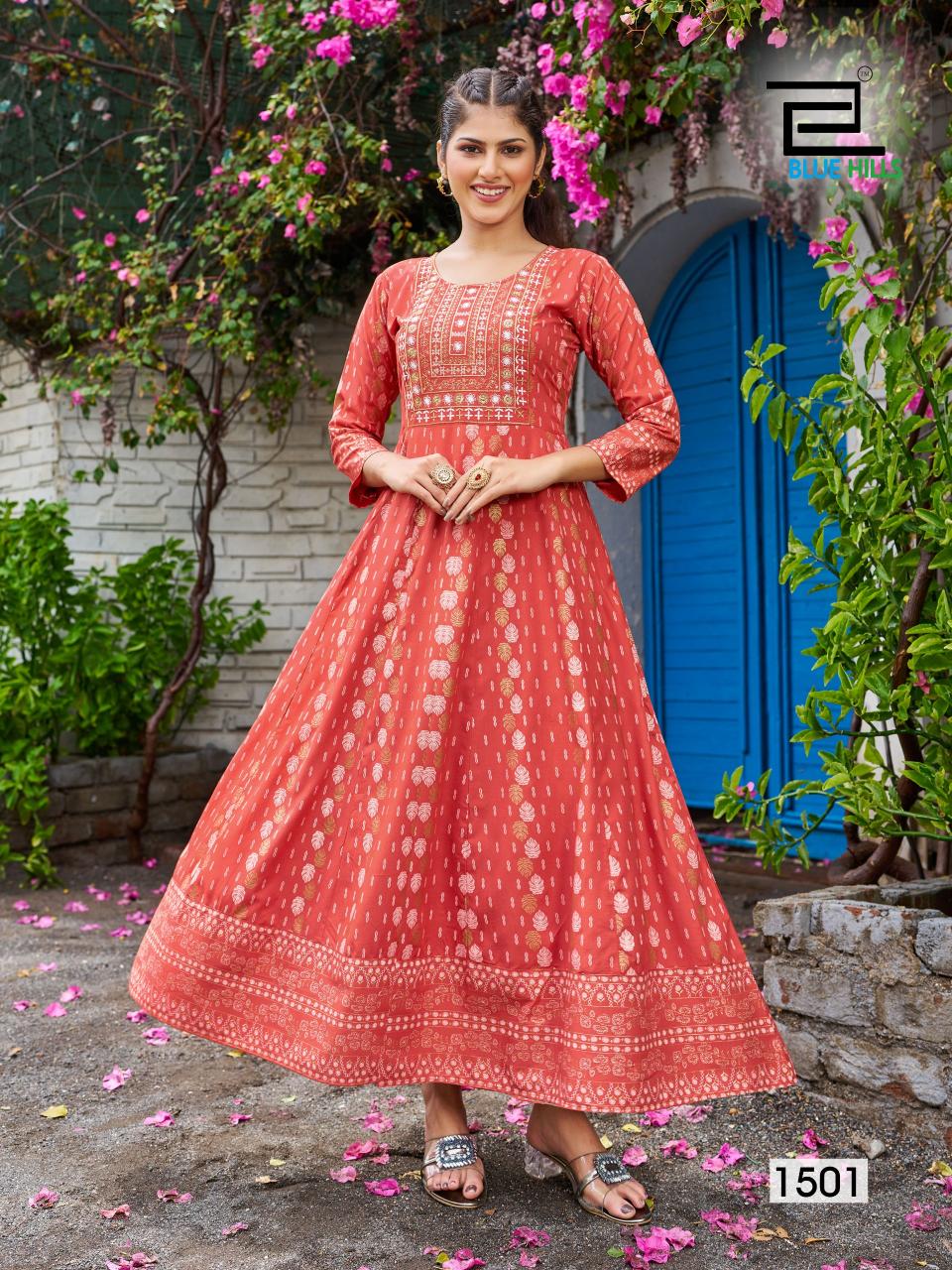 Blue Hills Womaniya Vol 15 Rayon Foil Printed Anarkali Kurti wholesle catalog